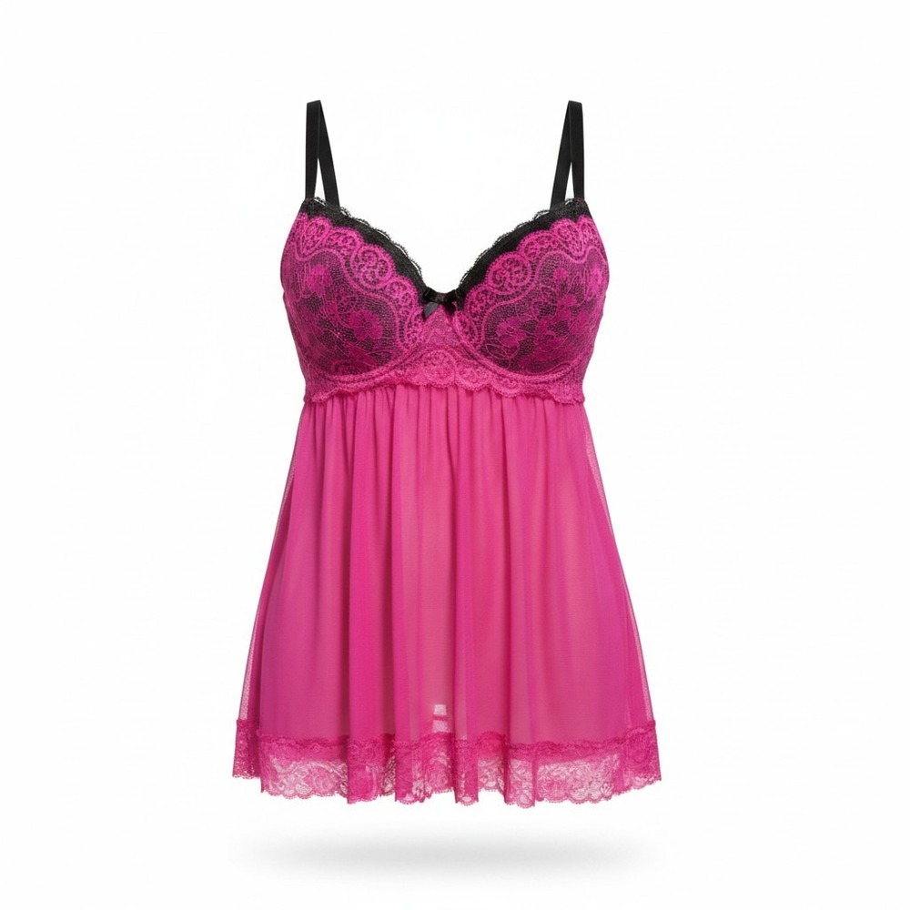 Dreamgirl Womens 1X Pink Babydoll Lingerie‎ Set Lace Mesh Vintage Festival Cozy